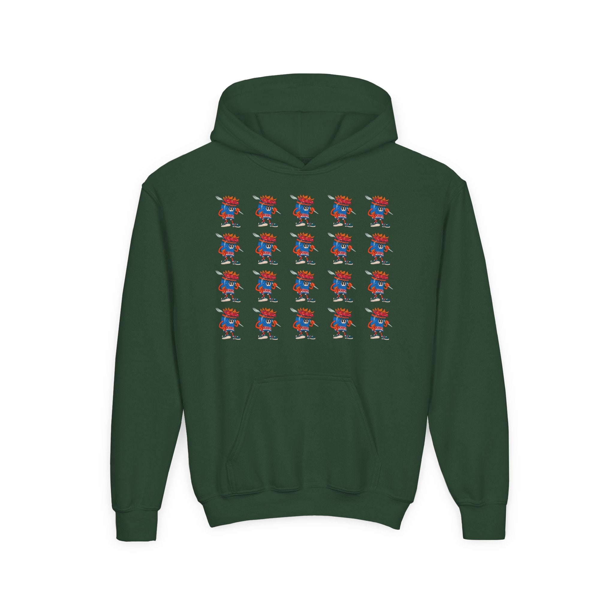 Youth Hoodie — Gump's Grub Mascot Pattern/Logo Pullover (Black Font)