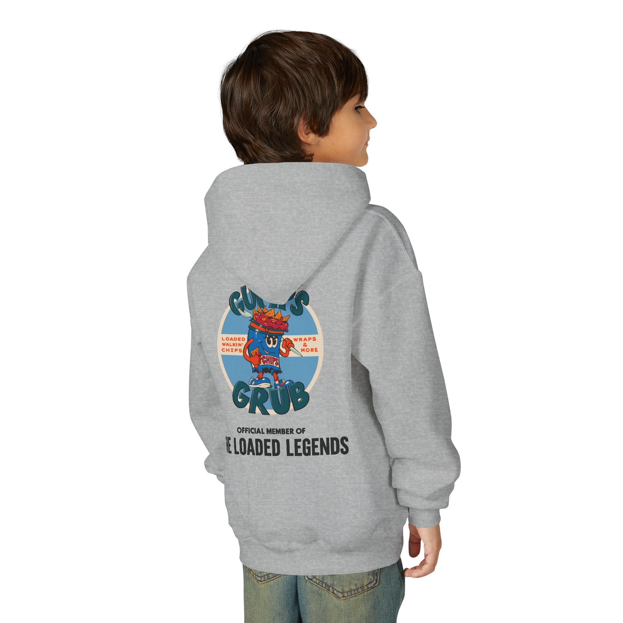 Youth Hoodie — Gump's Grub Mascot Pattern/Logo Pullover (Black Font)