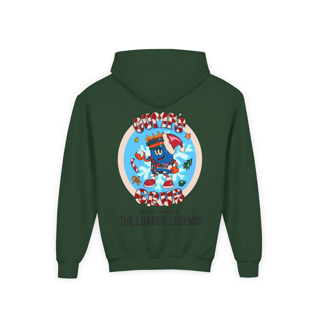 Youth Hoodie — Gump's Grub Mascot/Christmas Logo (Black Font)