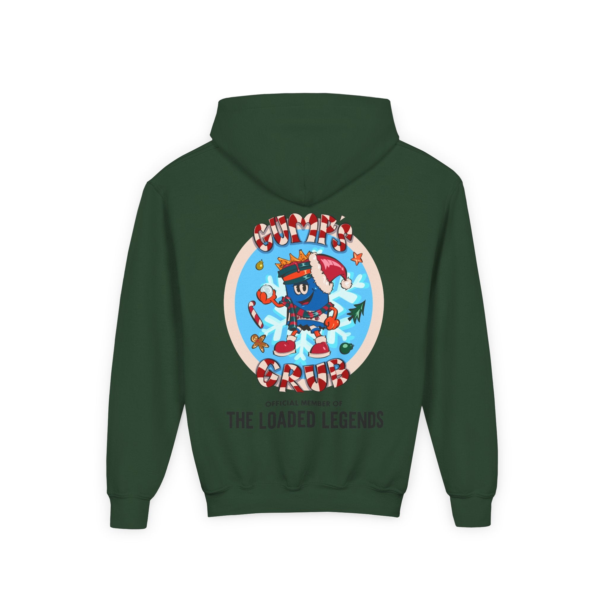 Youth Hoodie — Gump's Grub Mascot/Christmas Logo (Black Font)