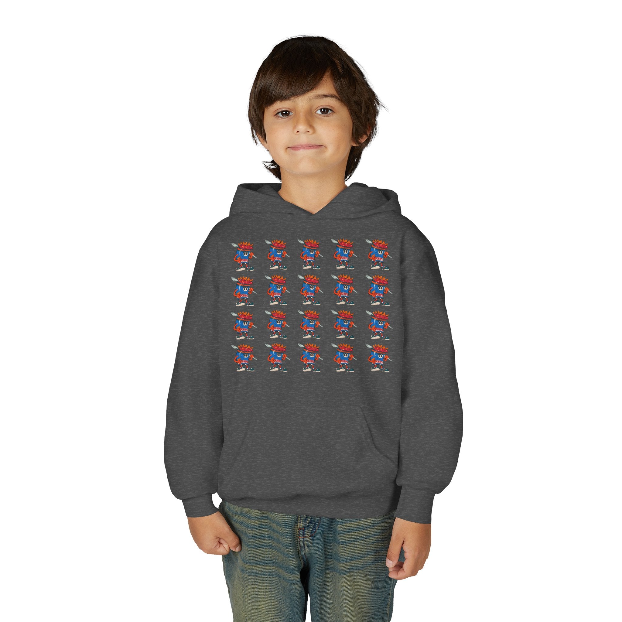 Youth Hoodie — Gump's Grub Mascot Pattern/Logo Pullover (Black Font)