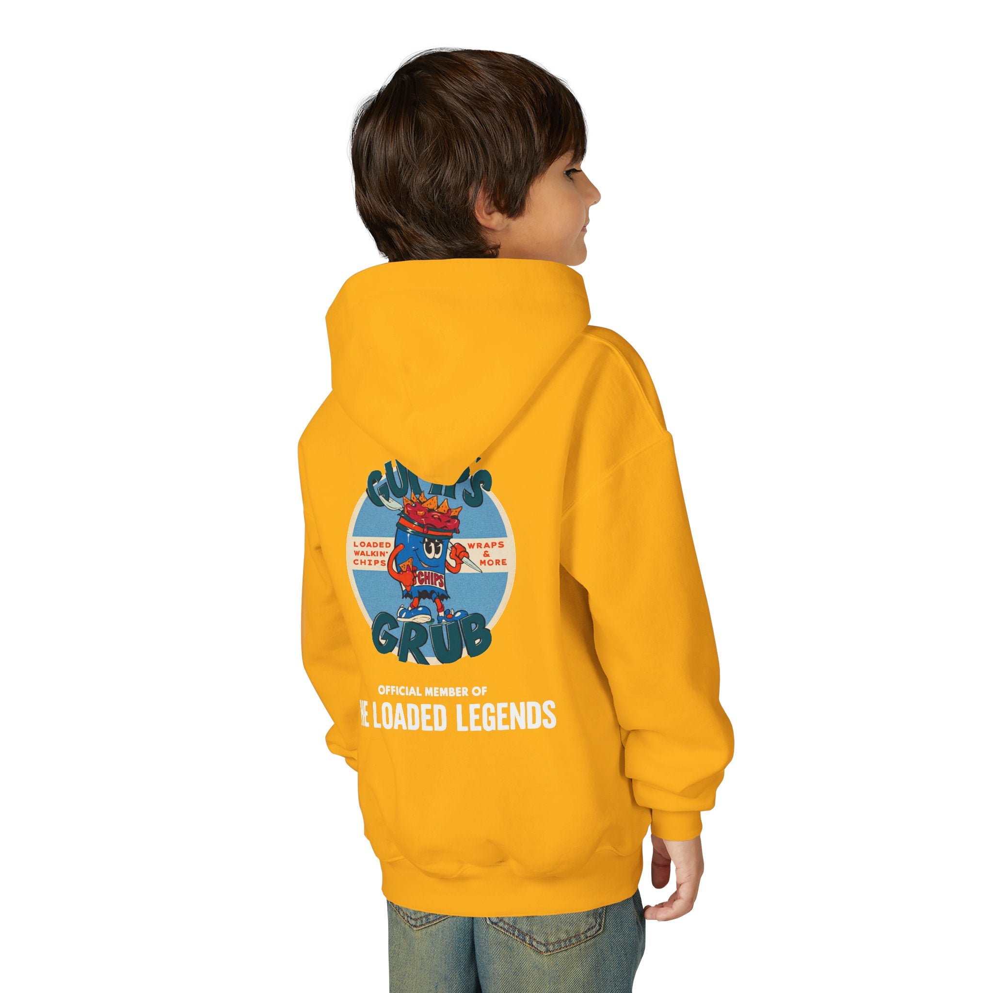 Youth Hoodie — Gump's Grub Mascot Pattern/Logo Pullover (Black Font)