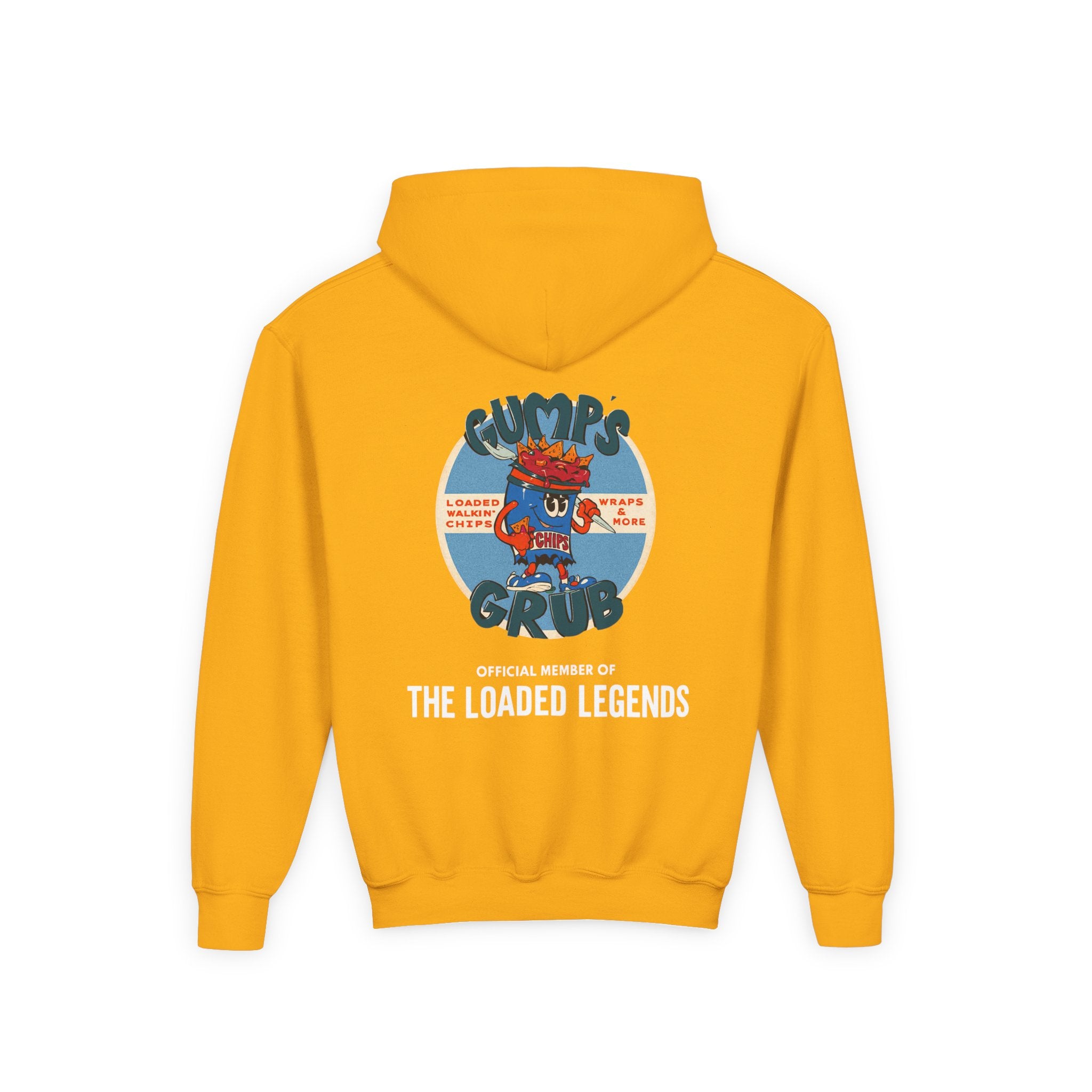 Youth Hoodie — Gump's Grub Mascot Pattern/Logo Pullover (Black Font)