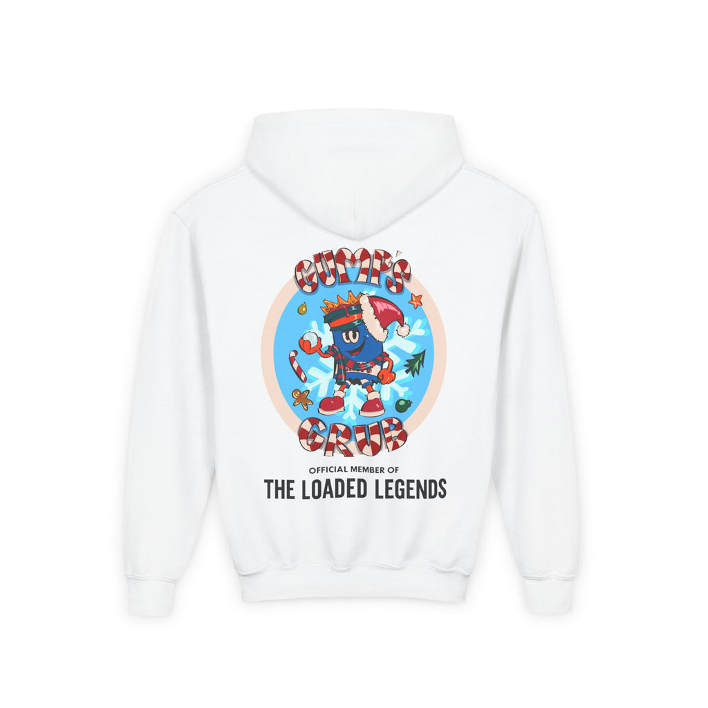 Youth Hoodie — Gump's Grub Mascot/Christmas Logo (Black Font)