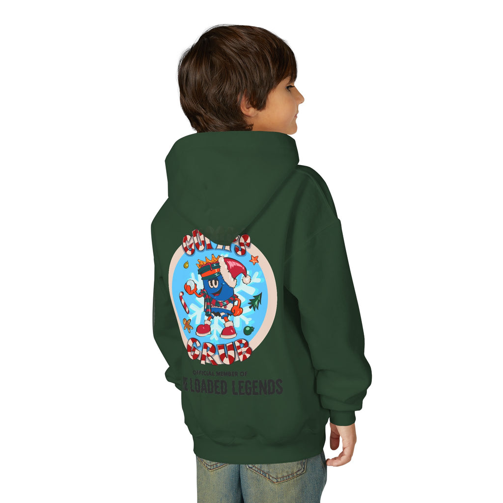 Youth Hoodie — Gump's Grub Mascot/Christmas Logo (Black Font)