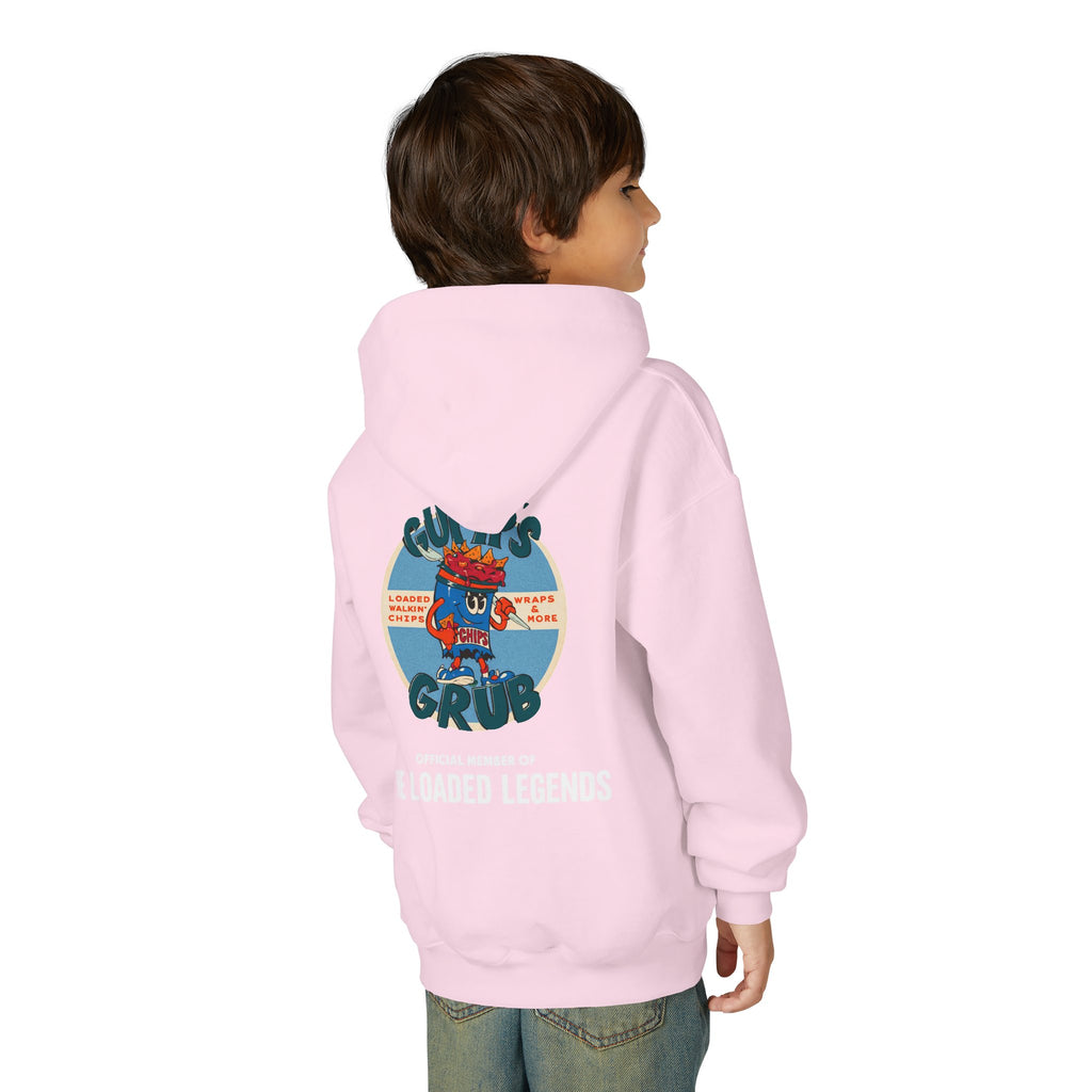 Youth Hoodie — Gump's Grub Mascot Pattern/Logo Pullover (Black Font)