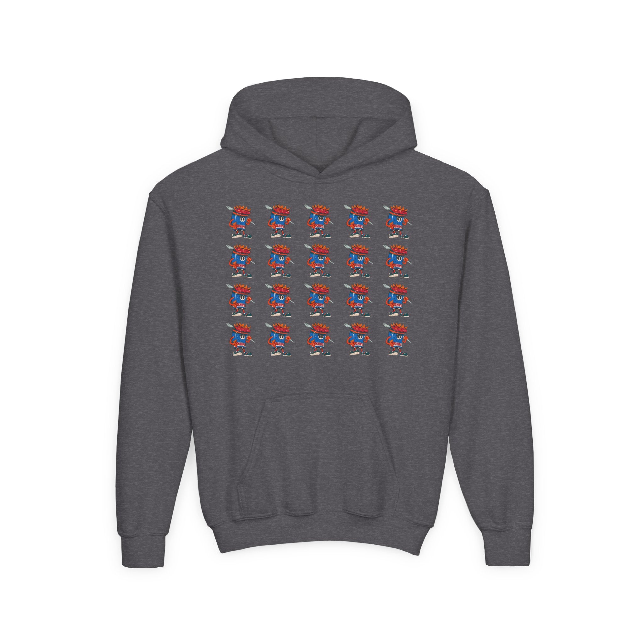 Youth Hoodie — Gump's Grub Mascot Pattern/Logo Pullover (Black Font)