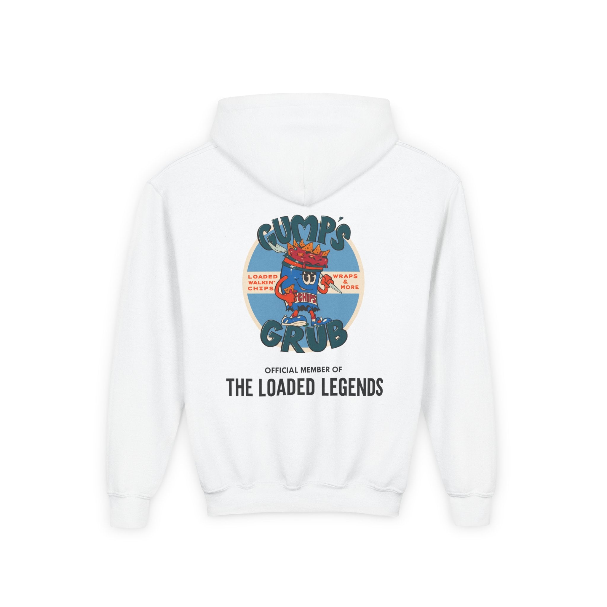 Youth Hoodie — Gump's Grub Mascot Pattern/Logo Pullover (Black Font)