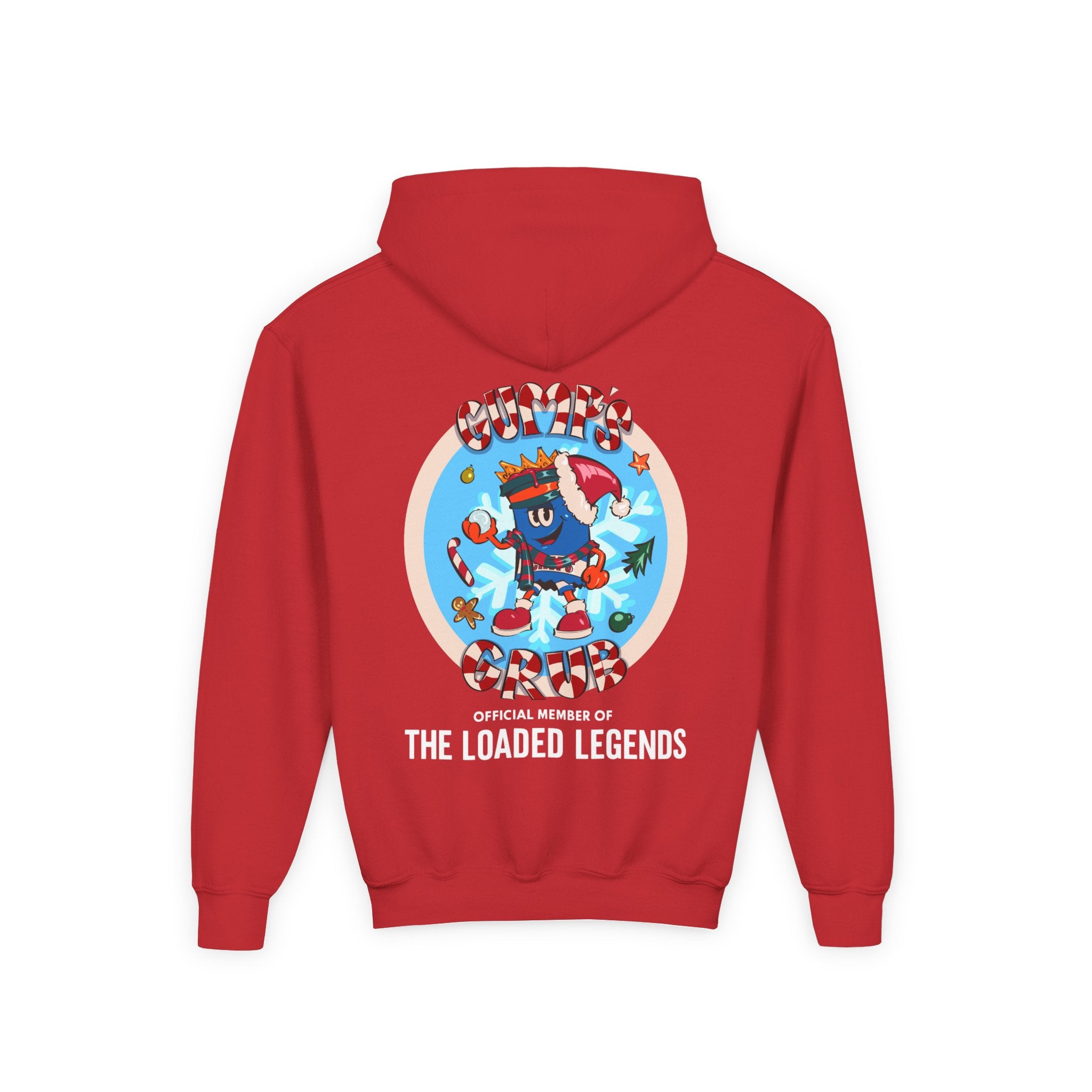 Youth Hoodie — Gump's Grub Mascot/Christmas Logo (White Font)
