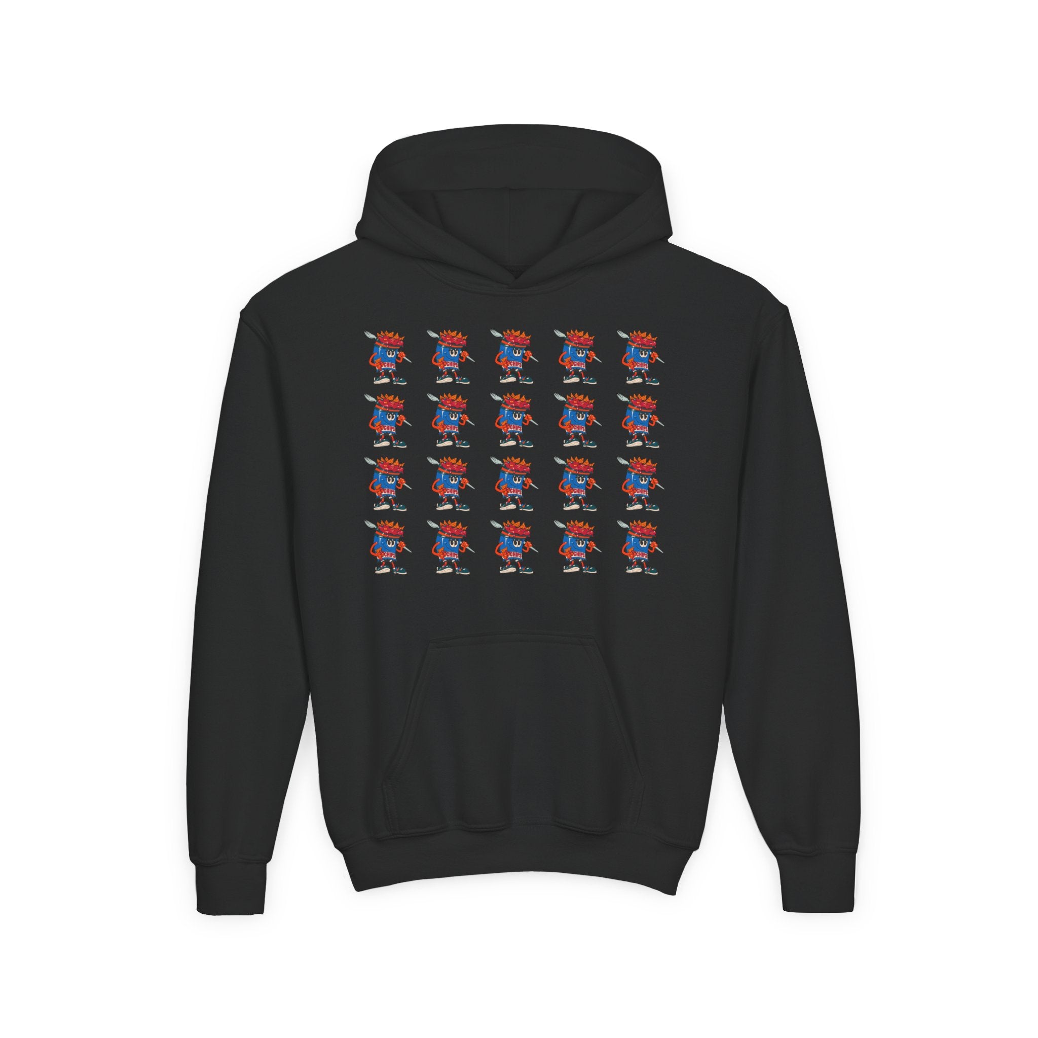 Youth Hoodie — Gump's Grub Mascot Pattern/Logo Pullover (Black Font)