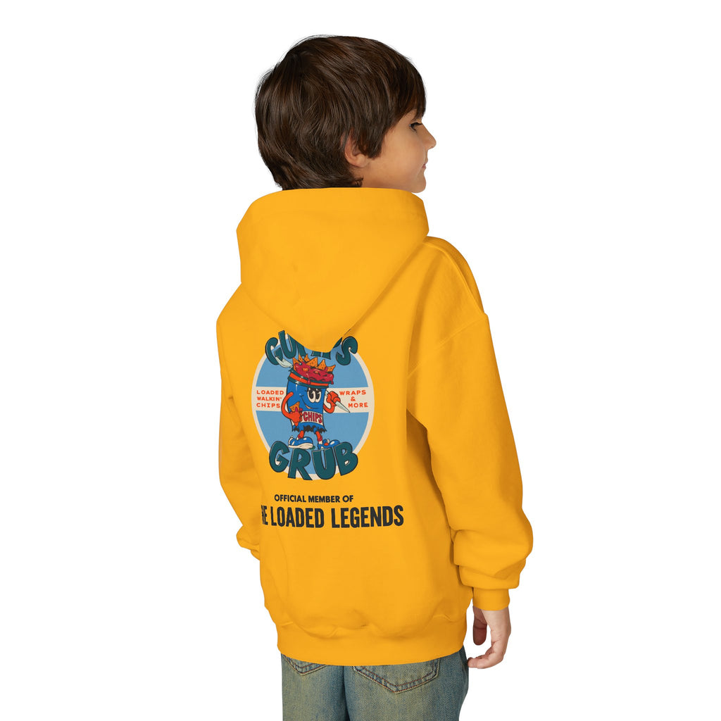 Youth Hoodie — Gump's Grub Mascot Pattern/Logo Pullover (Black Font)