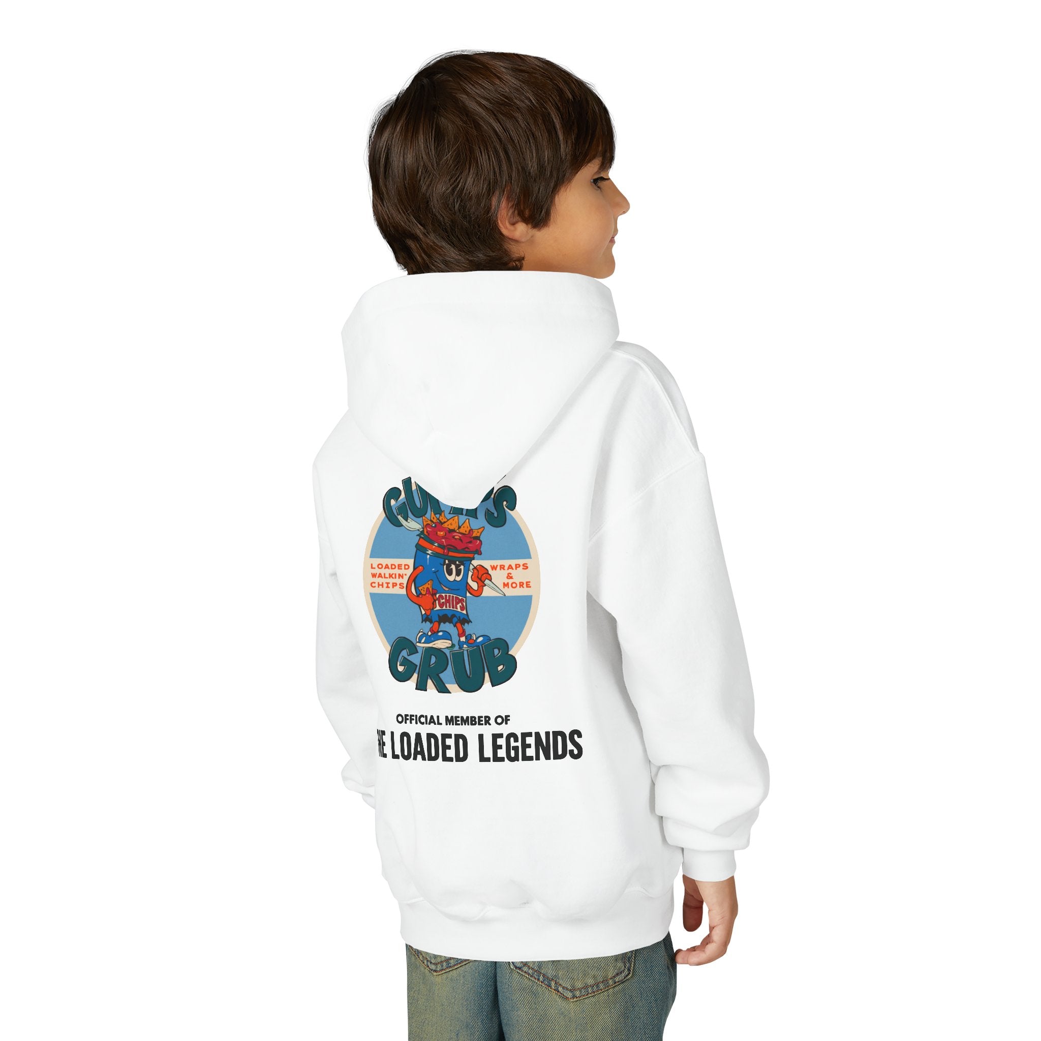 Youth Hoodie — Gump's Grub Mascot Pattern/Logo Pullover (Black Font)