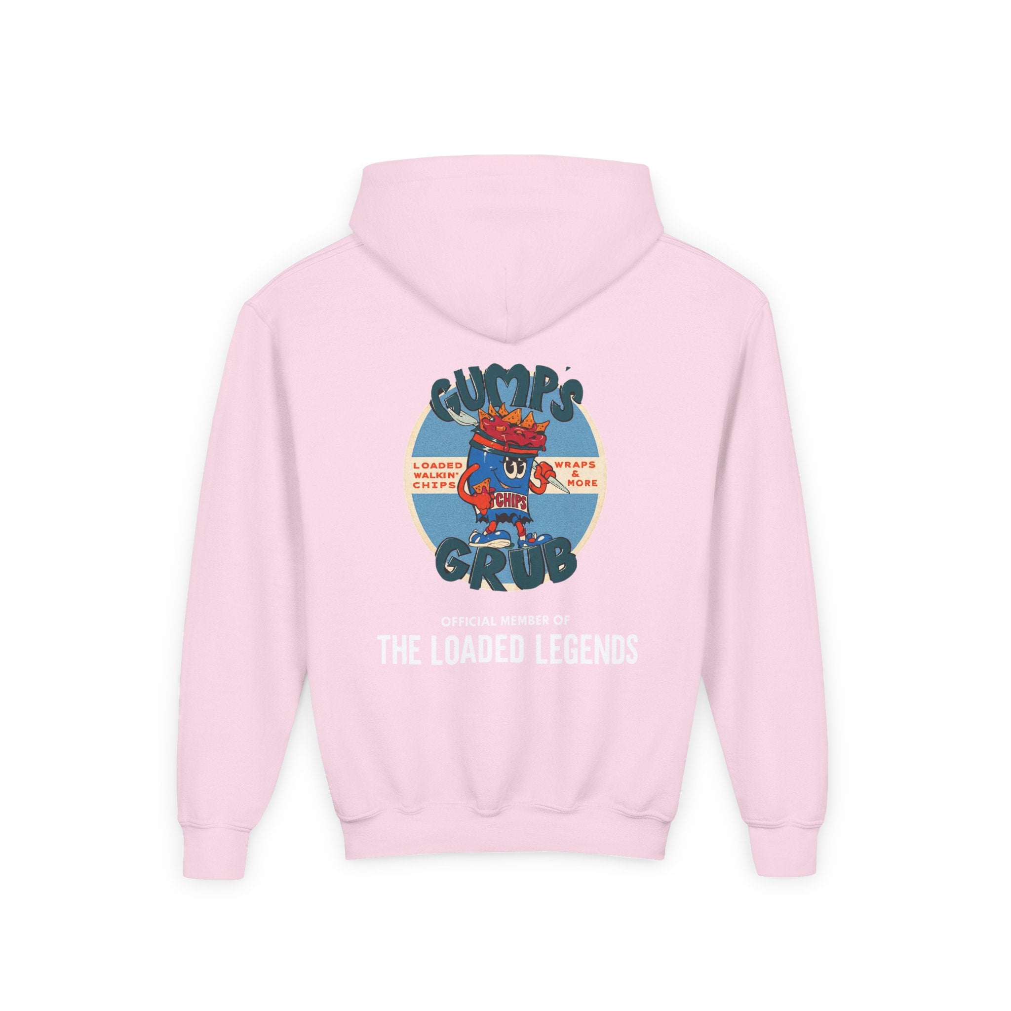 Youth Hoodie — Gump's Grub Mascot Pattern/Logo Pullover (Black Font)