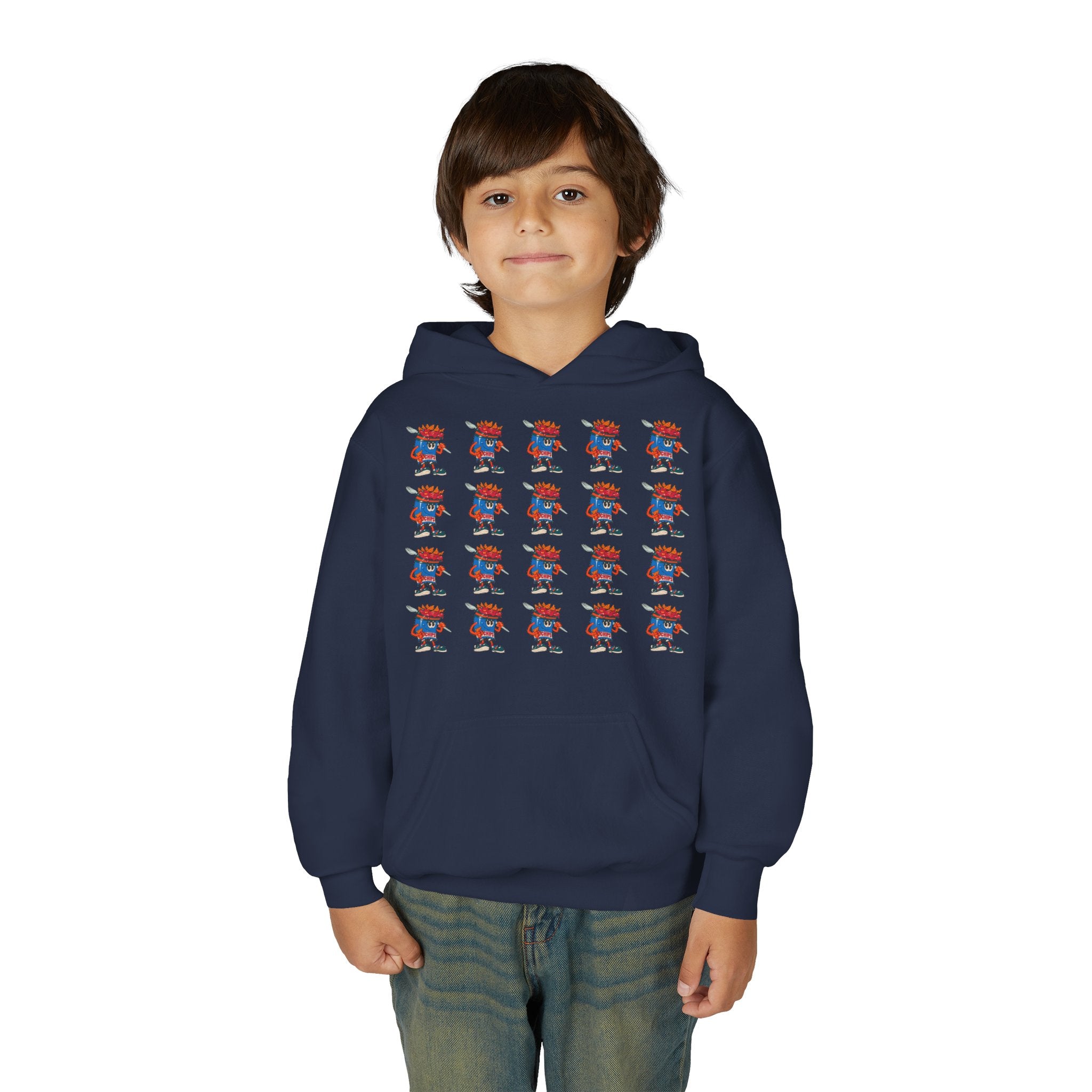 Youth Hoodie — Gump's Grub Mascot Pattern/Logo Pullover (Black Font)