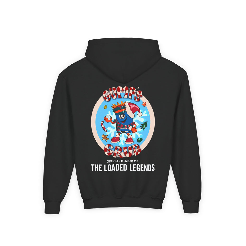 Youth Hoodie — Gump's Grub Mascot/Christmas Logo (White Font)
