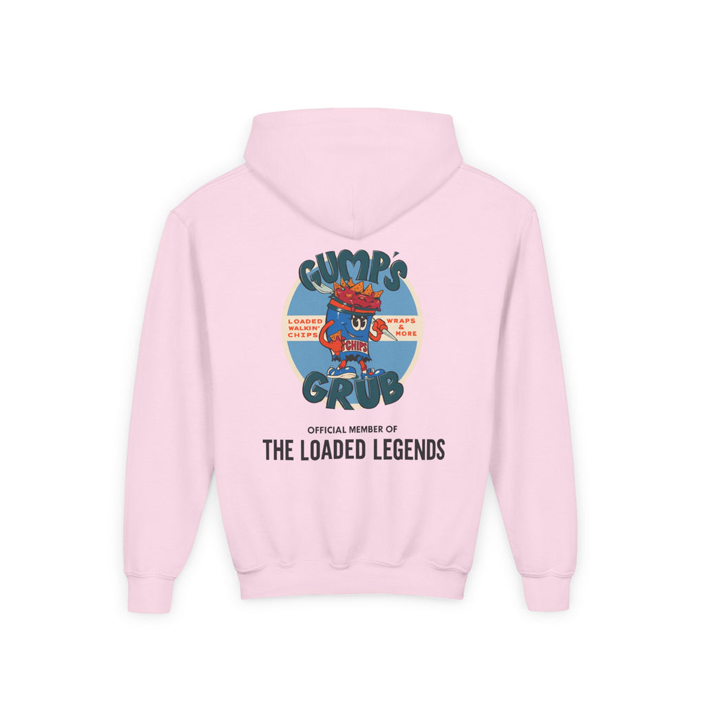 Youth Hoodie — Gump's Grub Mascot Pattern/Logo Pullover (Black Font)