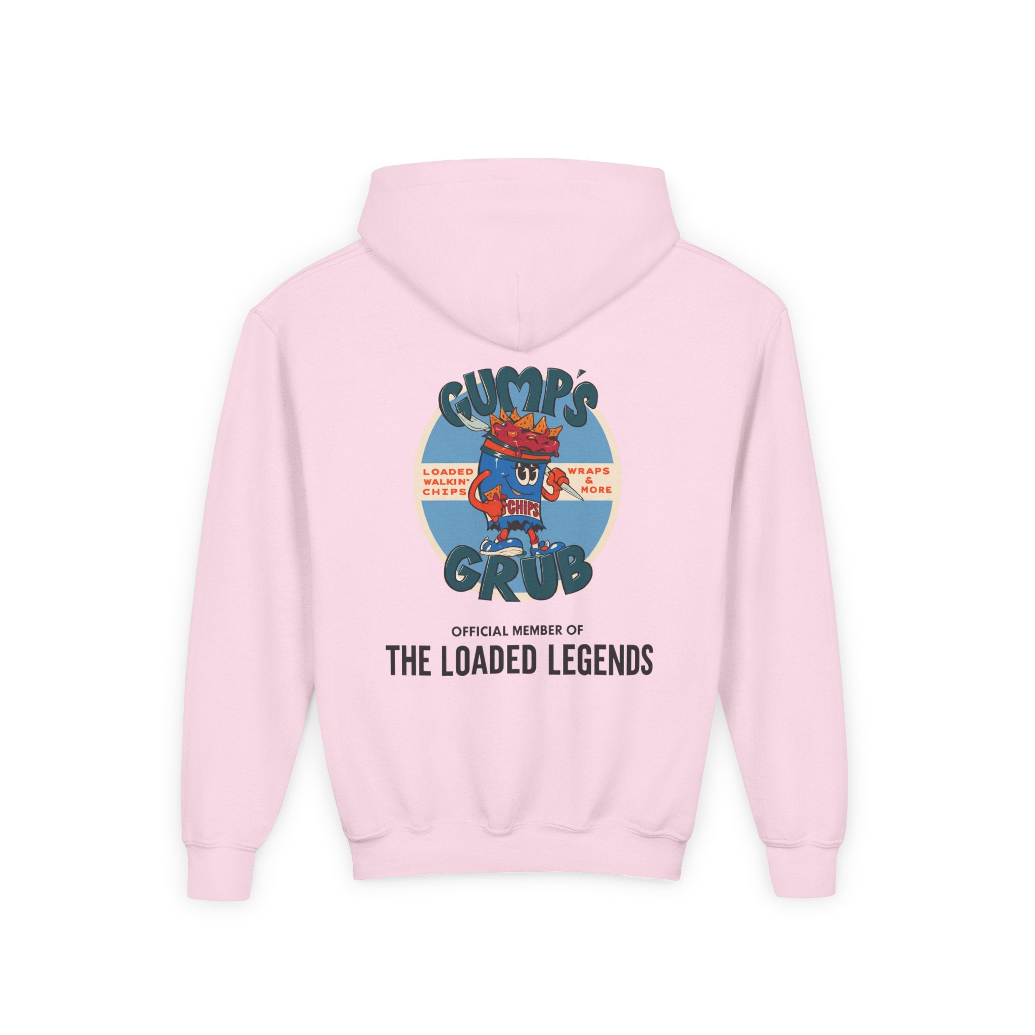 Youth Hoodie — Gump's Grub Mascot Pattern/Logo Pullover (Black Font)