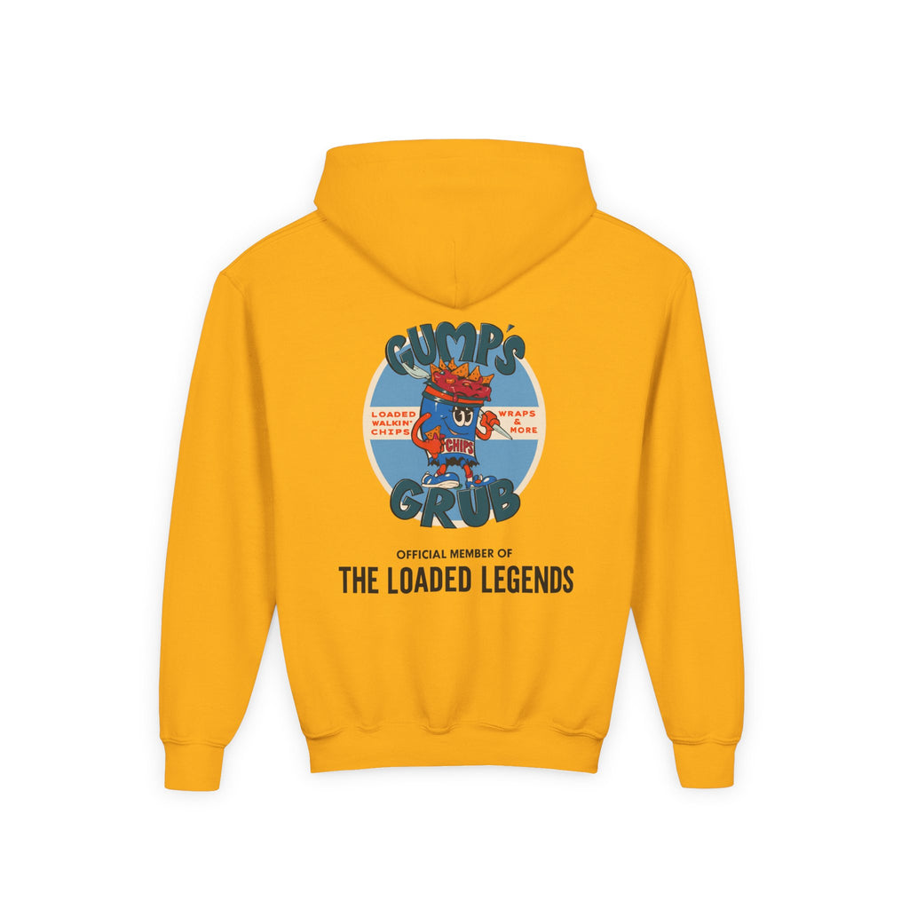 Youth Hoodie — Gump's Grub Mascot Pattern/Logo Pullover (Black Font)