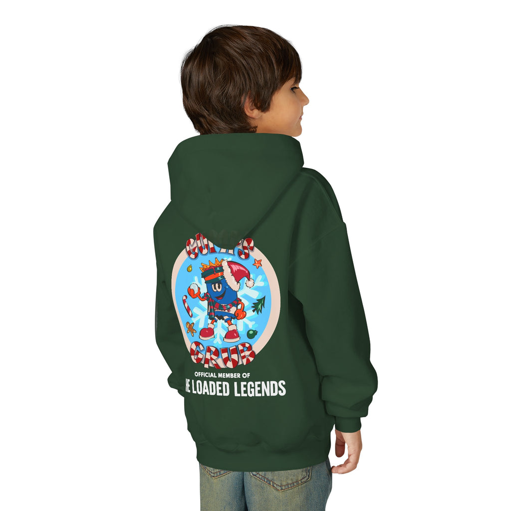 Youth Hoodie — Gump's Grub Mascot/Christmas Logo (White Font)