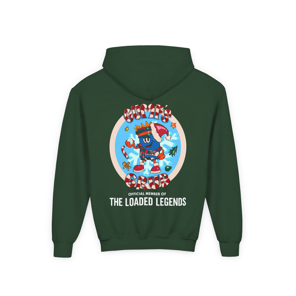 Youth Hoodie — Gump's Grub Mascot/Christmas Logo (White Font)