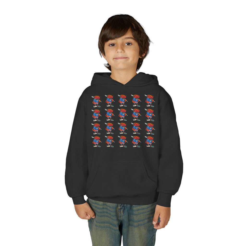 Youth Hoodie — Gump's Grub Mascot Pattern/Logo Pullover (Black Font)