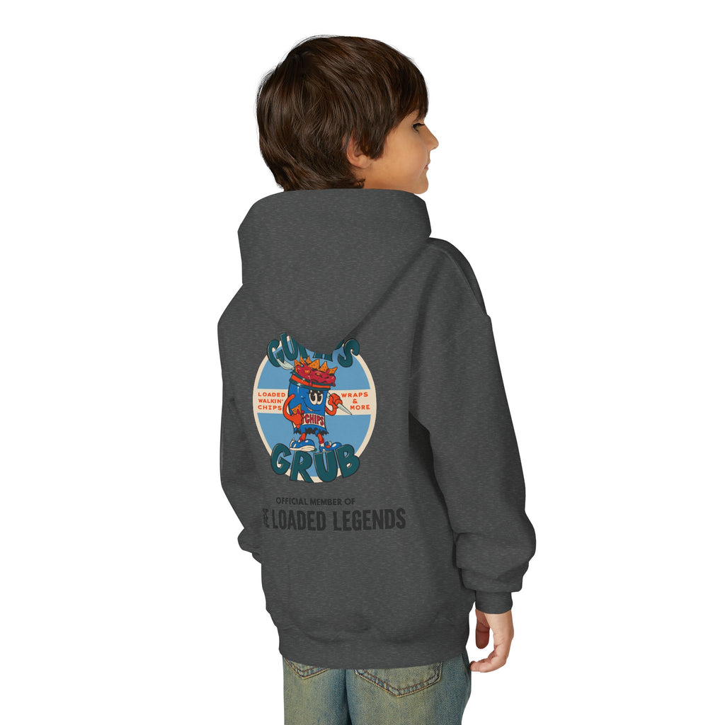 Youth Hoodie — Gump's Grub Mascot Pattern/Logo Pullover (Black Font)